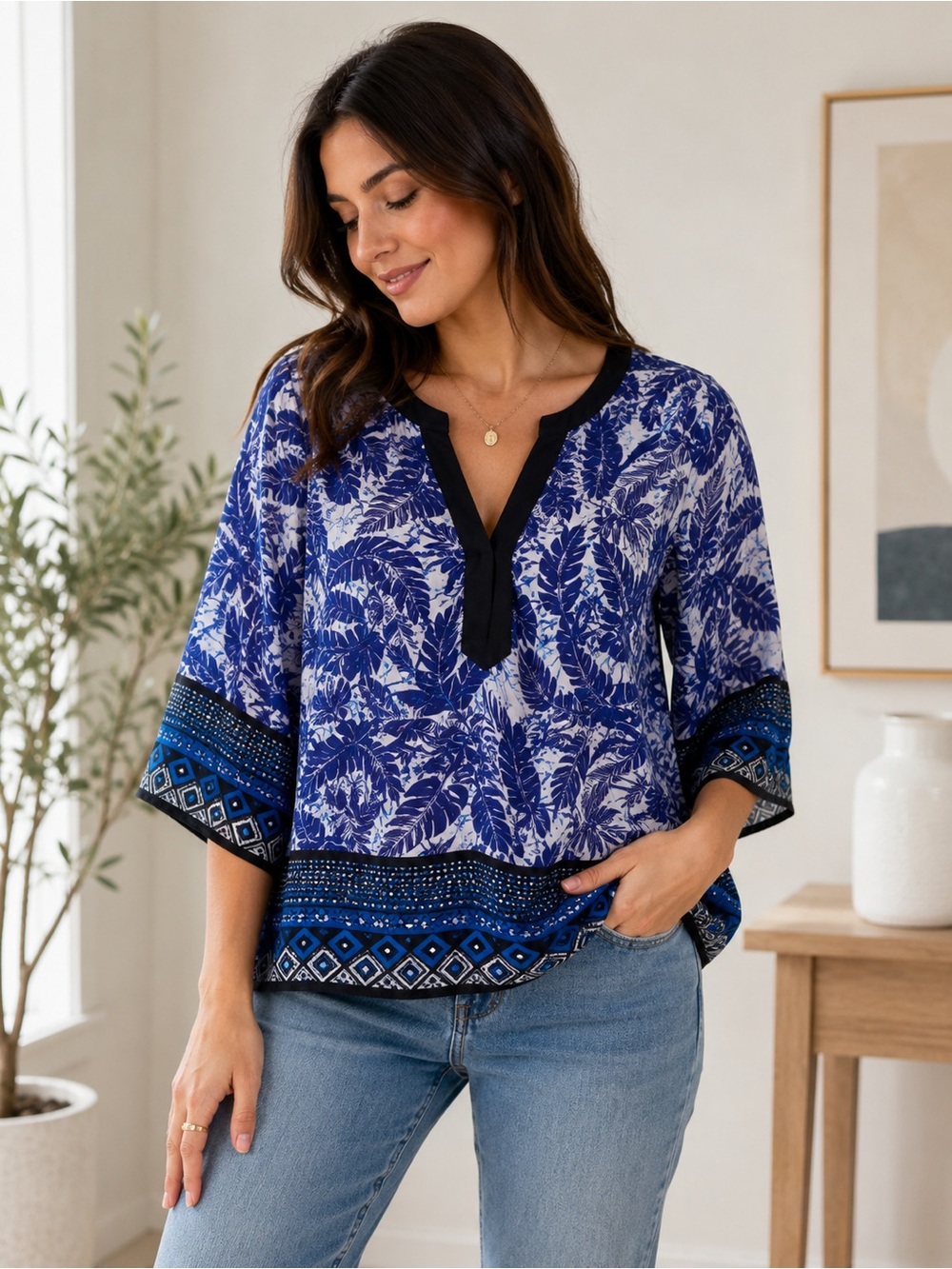 Status By Chenault Blue Sheer Tropical Blouse Medium